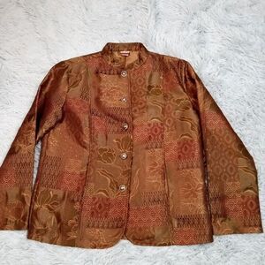 Tudor Court Jacket Womens S Brown Boho Asian Oriental Floral Pockets‎ Button Up